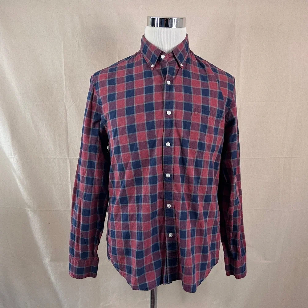 J. Crew Large Slim Fit Button Down Shirt Red Blue Plaid Cotton Casual Mens